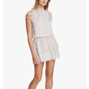1 State Floral Ruffle Mock Neck Smocked Waist Tiered Ruffle Mini Dress XS
